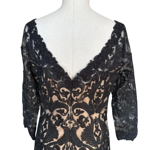Tadashi Shoji Black Corded Embroidery Tulle 3/4 Sleeve Lace Dress Evening 12 - Picture 5 of 16